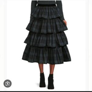 Antonio Melani Tiered Ruffle Green Plaid Midi Skirt, Size 4